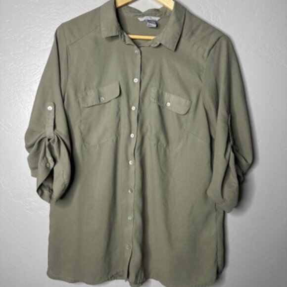 H&M Casual Utility Button-Down Shirt Size 14 US Relaxed Fit Blouse Olive Green - Picture 2 of 8